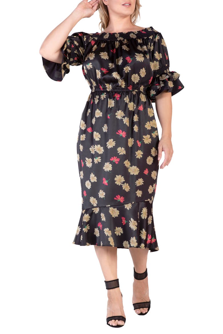 Floral Off the Shoulder Midi Dress, Alternate, color, BLACK SPARKLER