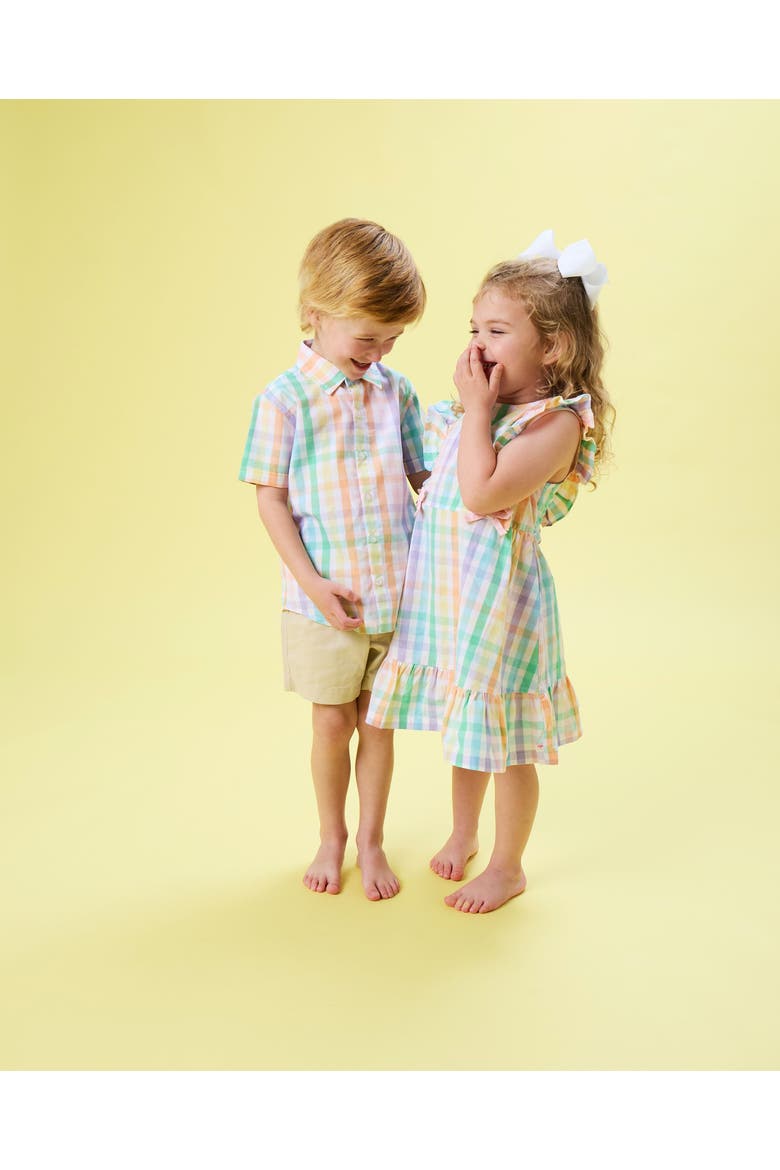Baby Short Sleeve Button Down Shirt, Alternate, color, Poppy Rainbow Plaid