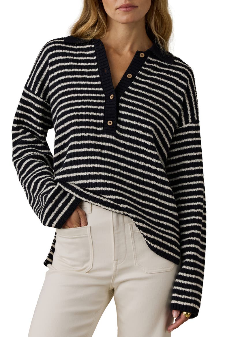 Miramar Linen & Organic Cotton Polo Sweater, Main, color, BLACK REEF STRIPE