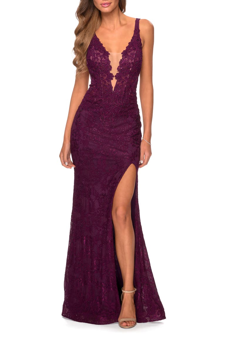 Long Lace Dress with Plunging Neckline, Main, color, Dark Berry