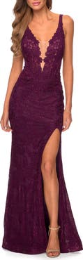 La Femme Long Lace Dress with Plunging Neckline