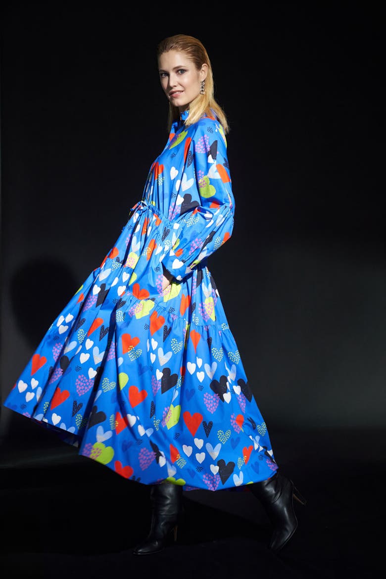 Long Cotton Dress With Heart Print, Alternate, color, Blue / Multicolour