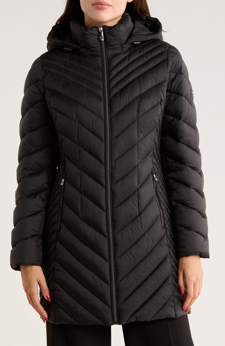 Michael Kors Chevron Quilted Longline 400 Fill Power Hooded Puffer Jacket, Main, color, Black