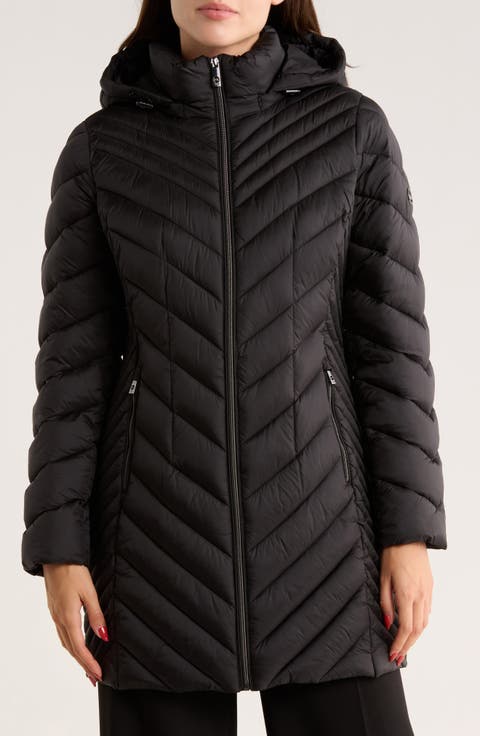 Chevron Quilted Longline 400 Fill Power Hooded Puffer Jacket