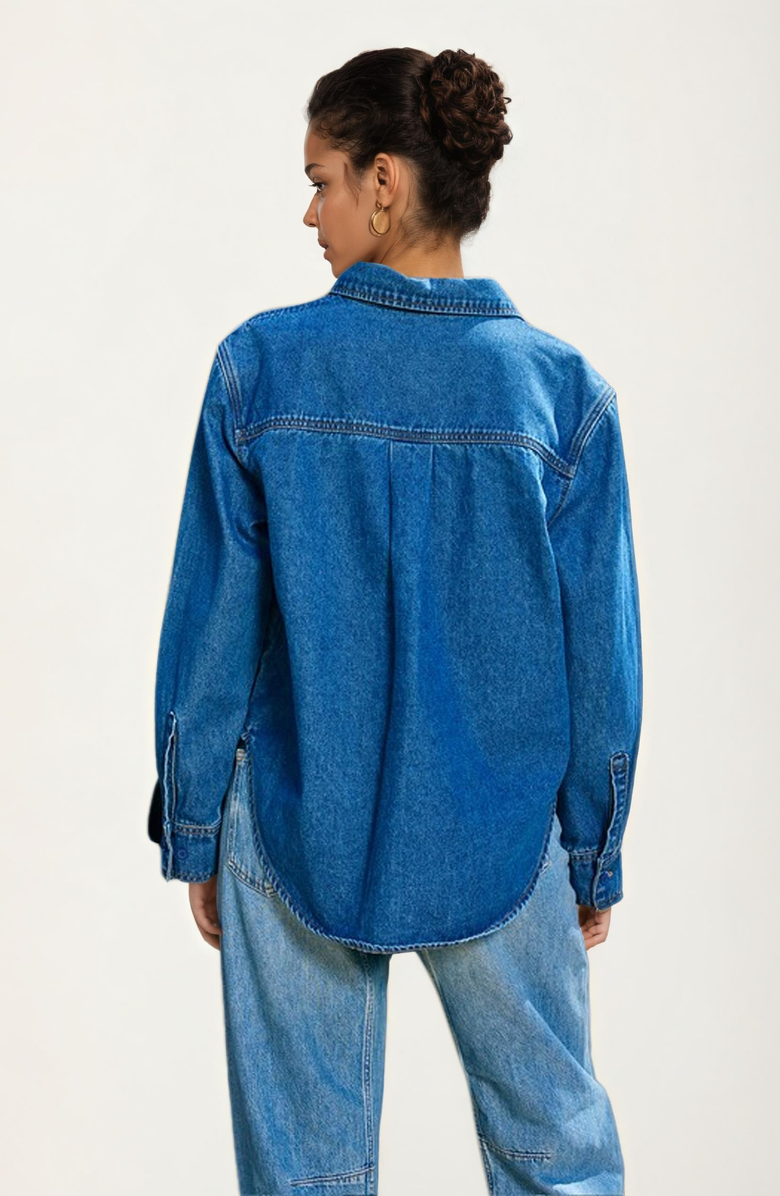 Knit and Lounge Oversized Denim Shirt with Floral Embroidery, Alternate, color,