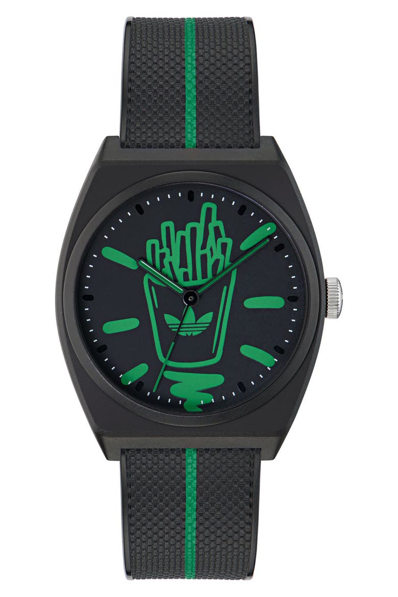 AO Street Project 2 Logo Fries Graphic Resin Strap Watch, 38mm, Main, color, BLACK