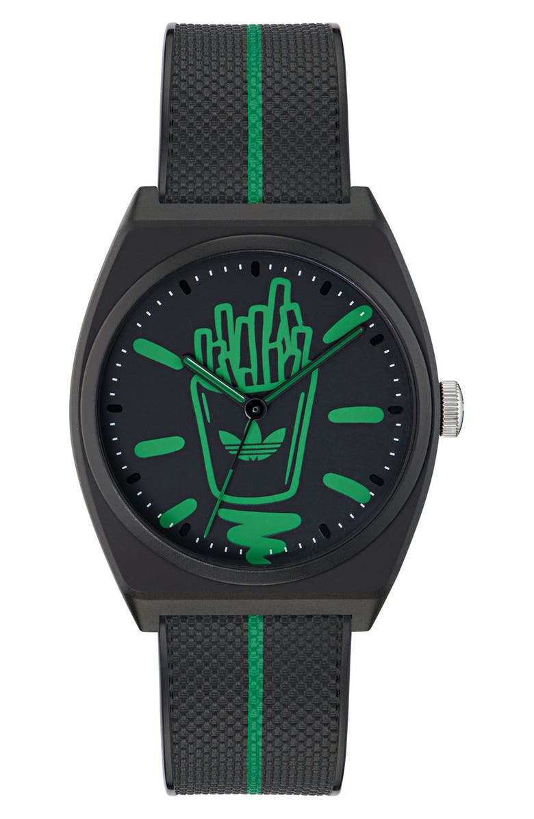 adidas AO Street Project 2 Logo Fries Graphic Resin Strap Watch, 38mm, Main, color, Black