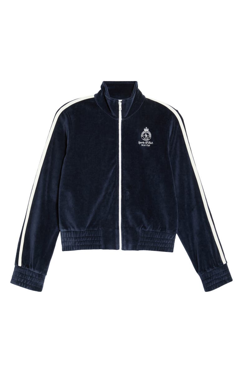 Sporty & Rich Elio Crown Tennis Cotton Velour Track Jacket, Main, color, Dark Navy/ Ecru