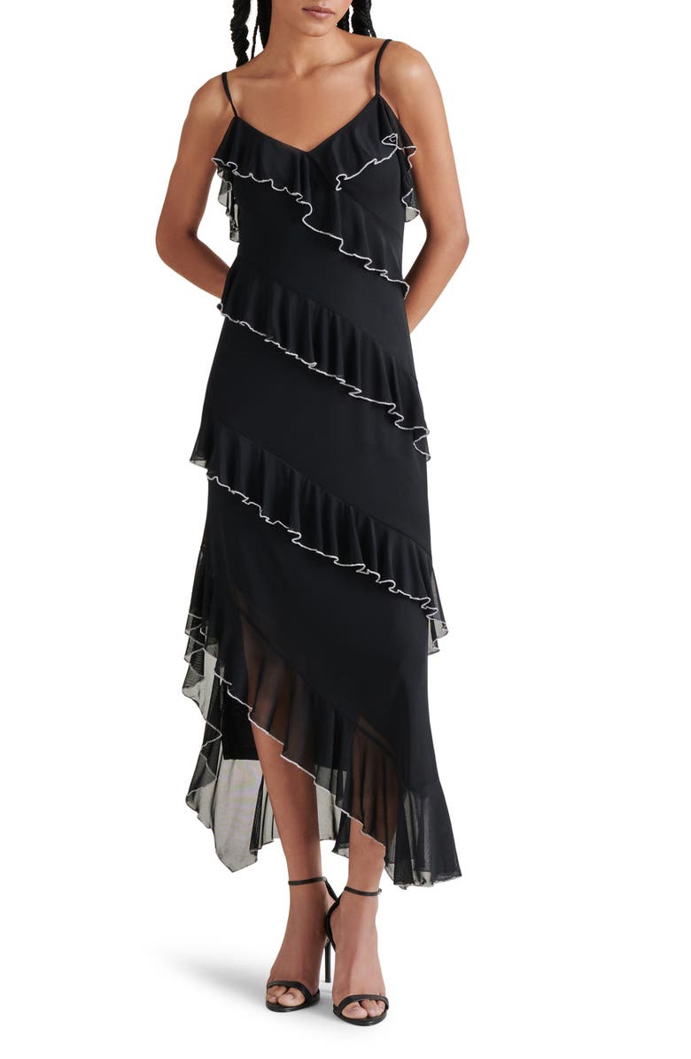 Steve Madden Aida Contrast Trim Ruffle Sleeveless Asymmetric Midi Dress, Main, color, 