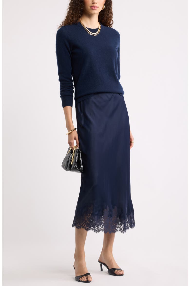 Lace Trim Satin Bias Midi Skirt, Alternate, color, NAVY NIGHT