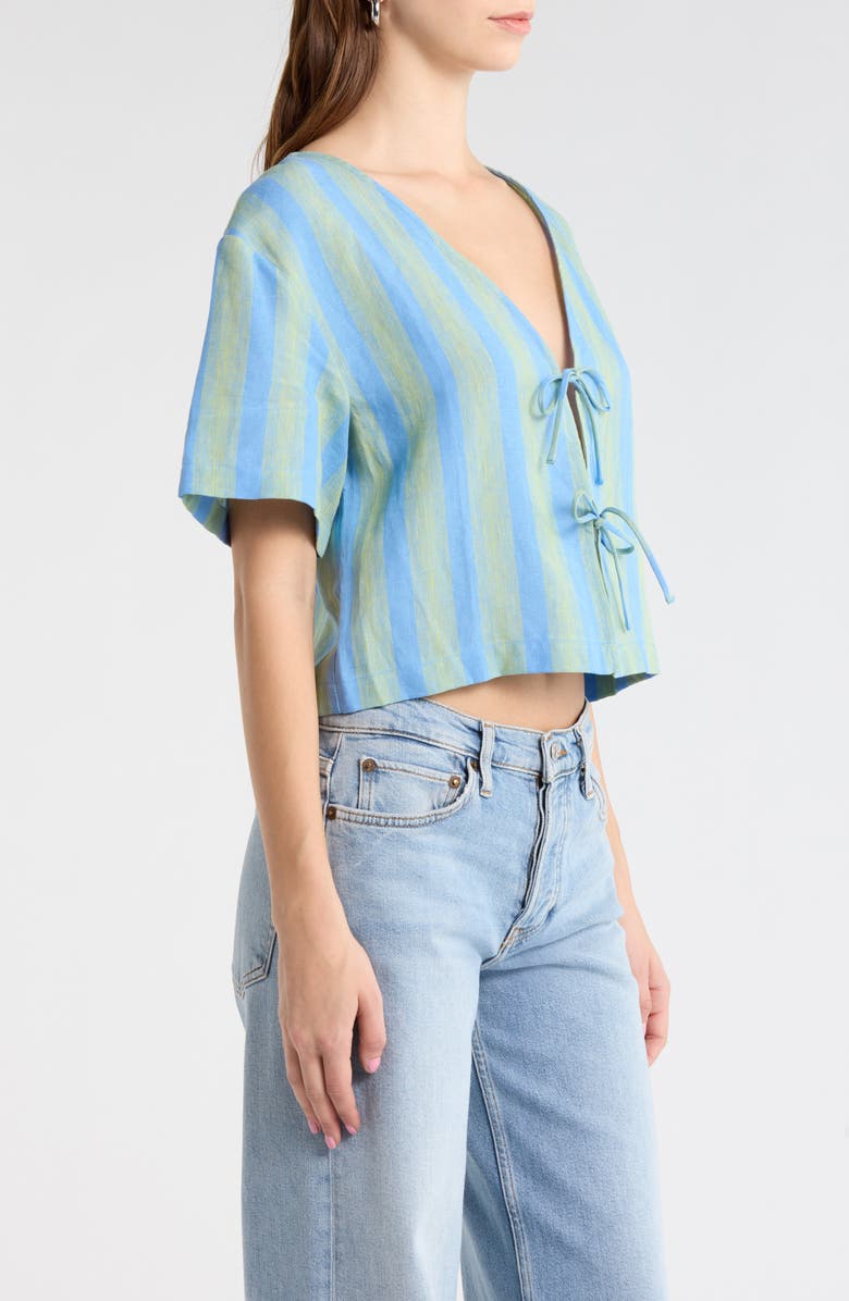 STAUD Ava Stripe Tie Front Linen Top, Alternate, color, Seaport