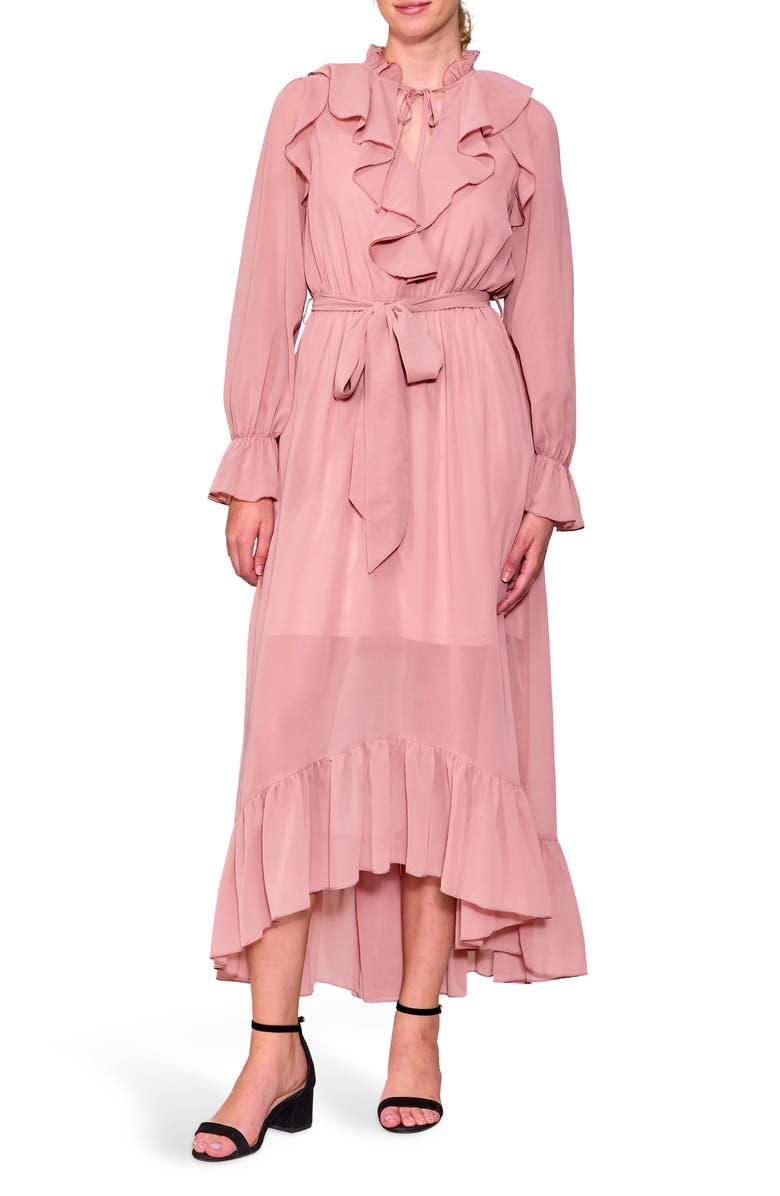 MELLODAY Long Sleeve Ruffle Chiffon Dress, Main, color, Mauve