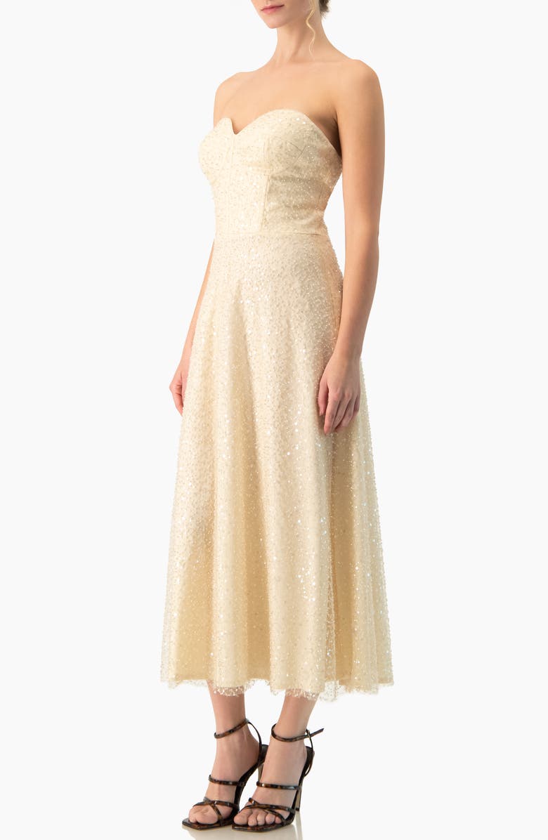 IVONNE Strapless Bustier Sequin Midi Dress, Alternate, color, Beige