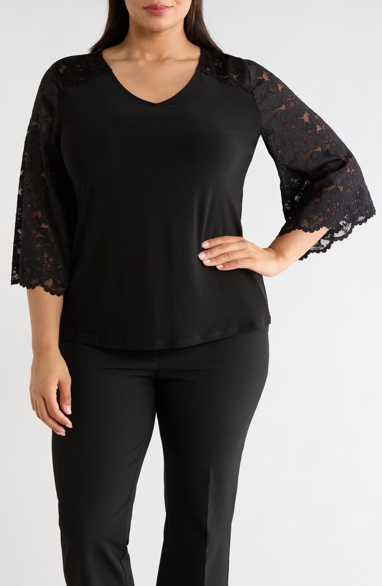 KASPER Lace Sleeve Knit Top, Main, color, Black