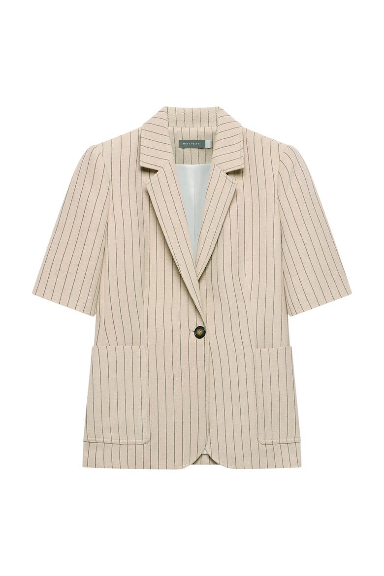 Pin Stripe Short Sleeve Blazer, Alternate, color, Camel