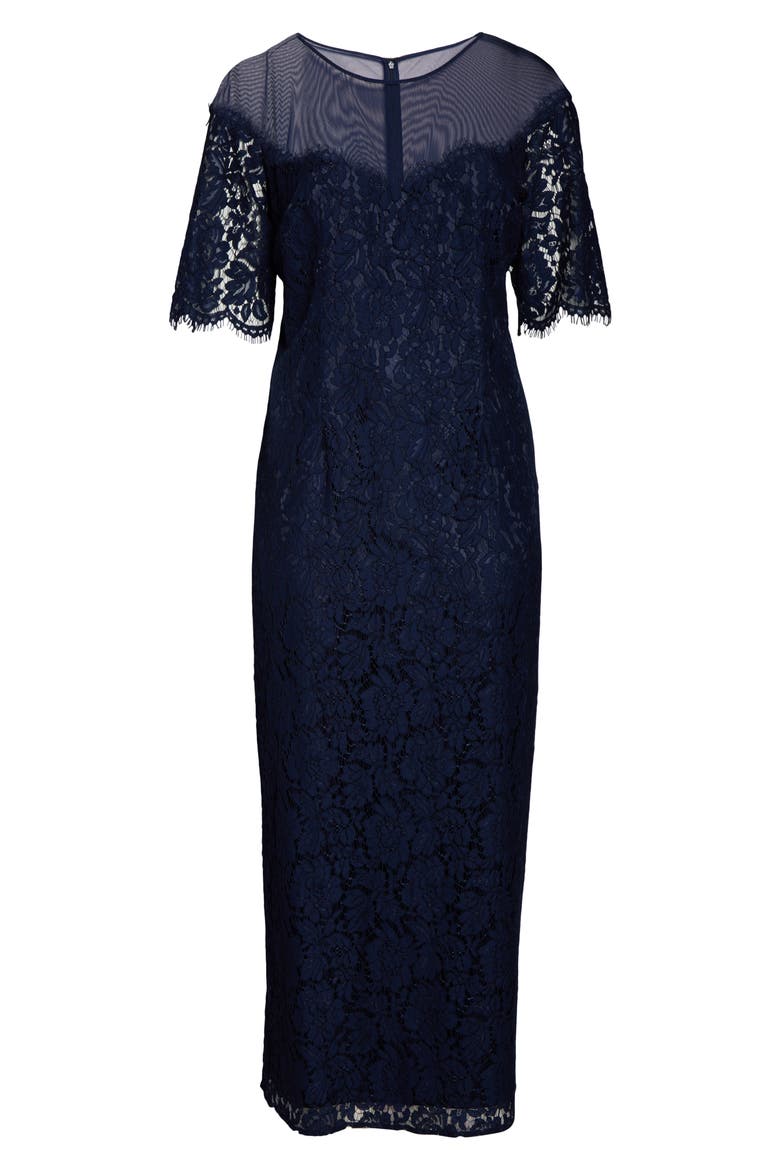 Illusion Top Lace Evening Gown, Alternate, color, NAVY