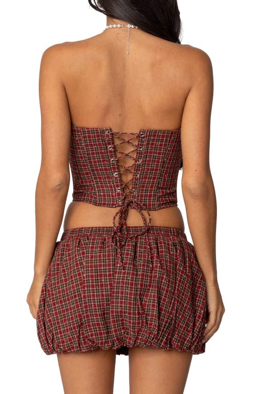 Edikted Marlene Plaid Strapless Corset Top In Red
