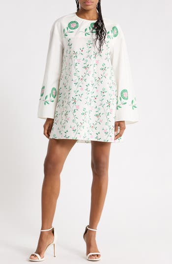 Longchamp Floral Embroidered Long Sleeve Minidress In White