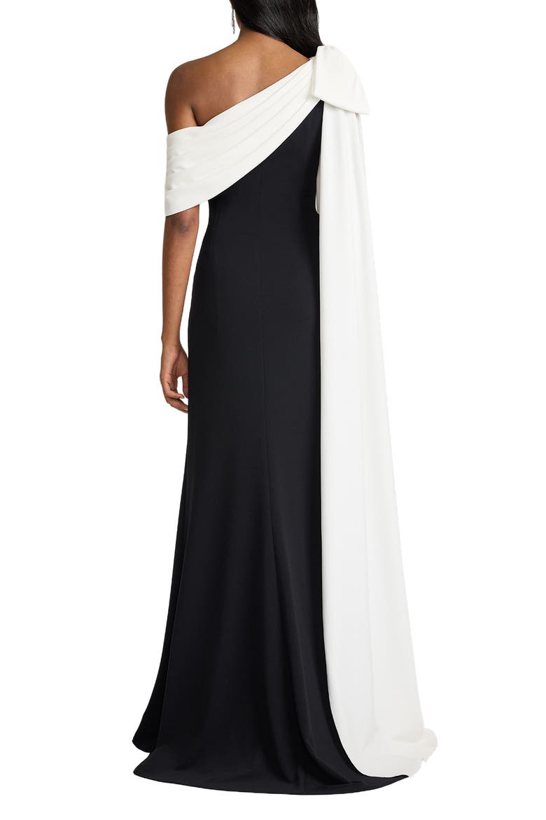 Bow Cape Detail One-Shoulder Gown, Alternate, color, BLACK/ IVORY