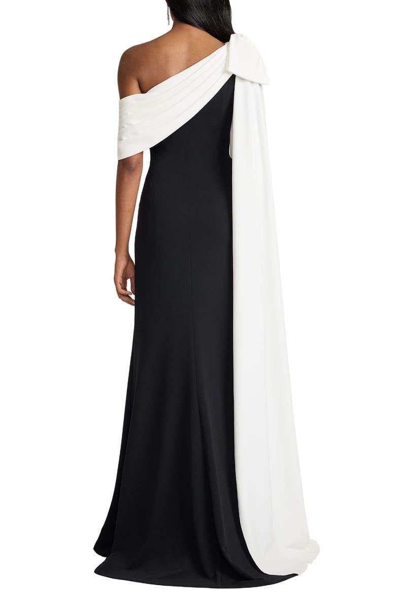 Tadashi Shoji Bow Cape Detail One-Shoulder Gown, Alternate, color, Black/ Ivory