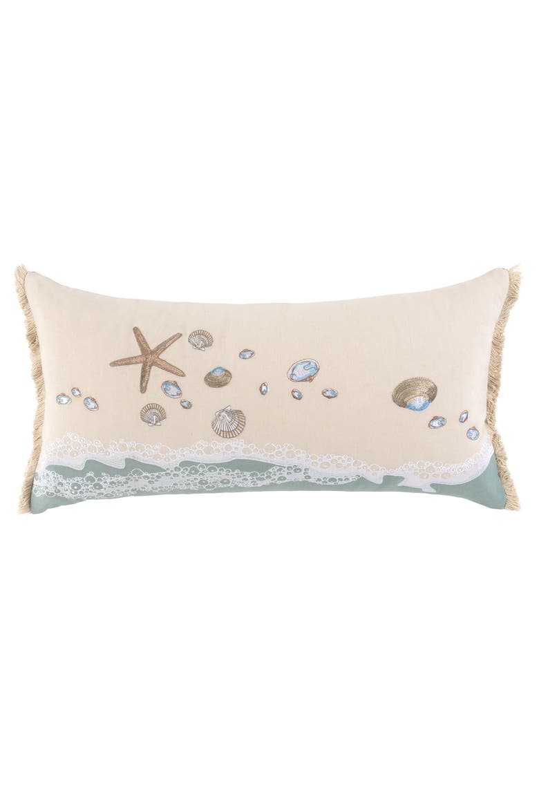 Sand & Shells Fringed Indoor Cotton Lumbar Throw Pillow, Main, color, Blue