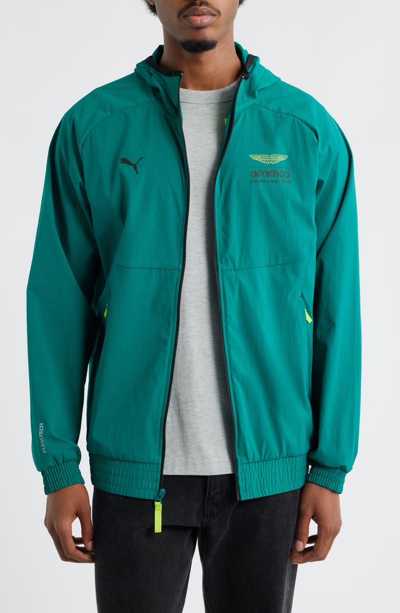 PUMA x AMF1 PUMATECH Water Repellent Stretch Nylon Jacket, Main, color, Green Lux
