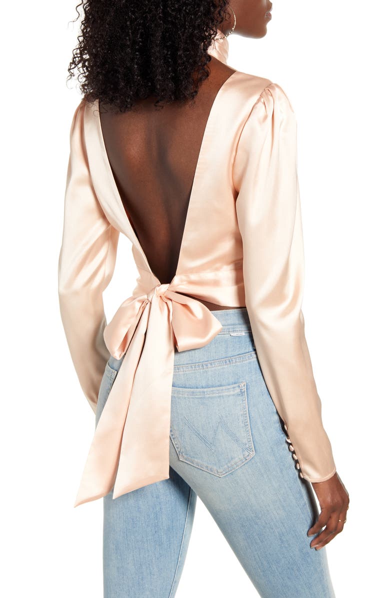 Endless Rose High Neck Open Back Satin Blouse, Alternate, color, 