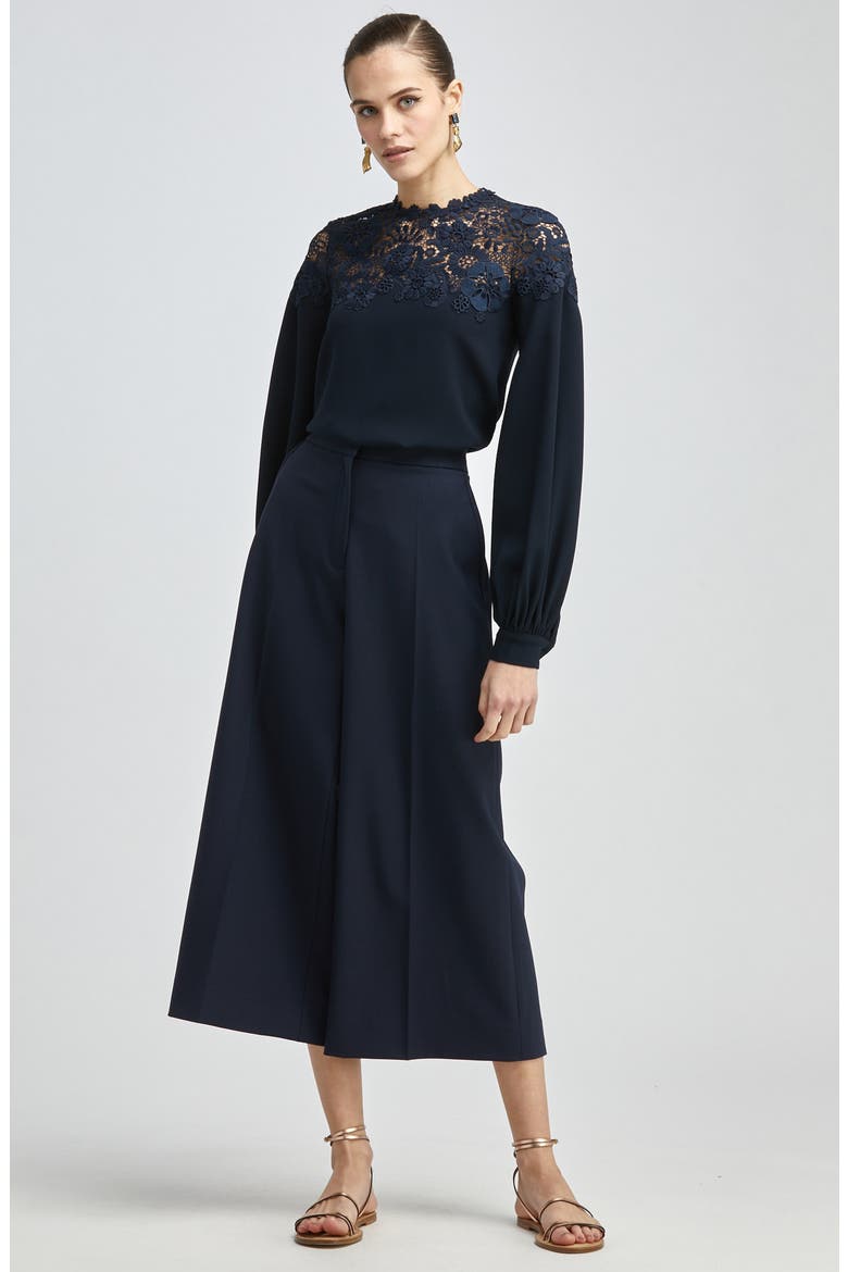 Lace Detail Silk Blouse, Alternate, color, NAVY