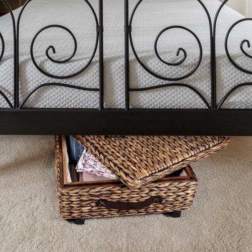 Happimess Chett Minimalist Hand-woven Hyacinth/wood Underbed Storage Bin With Wheels And Handles In Brown Wash