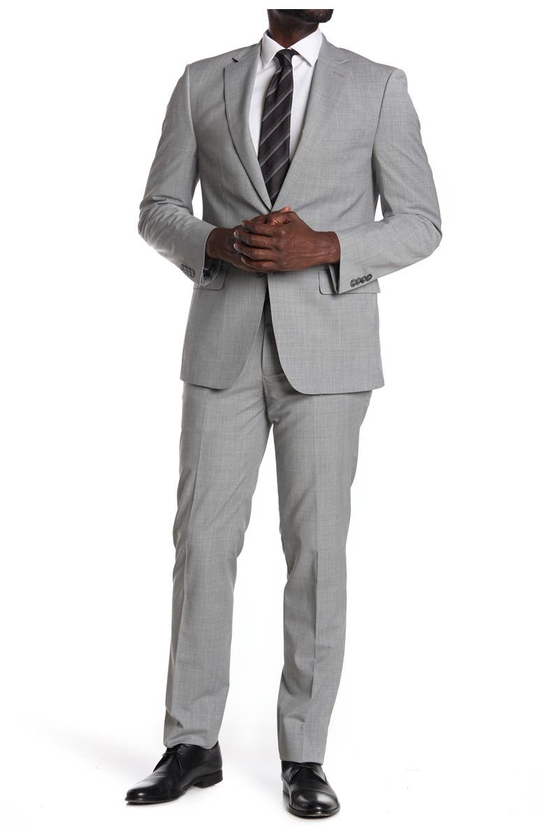 Calvin Klein Light Grey Plaid Wool Blend Two Button Notch Lapel Suit, Main, color, 