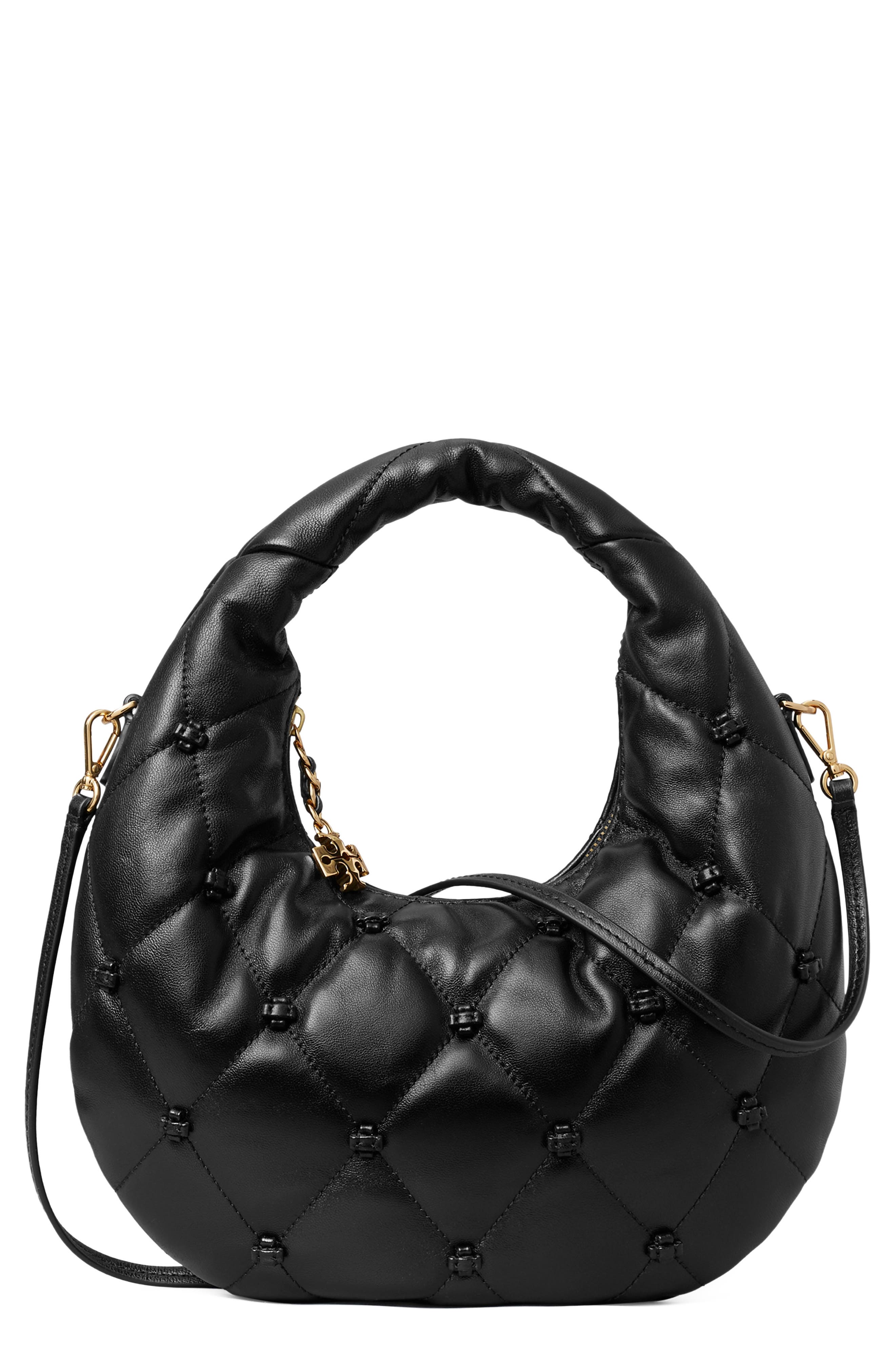 Bunny Knot Leather Crescent Bag, Main, color, BLACK