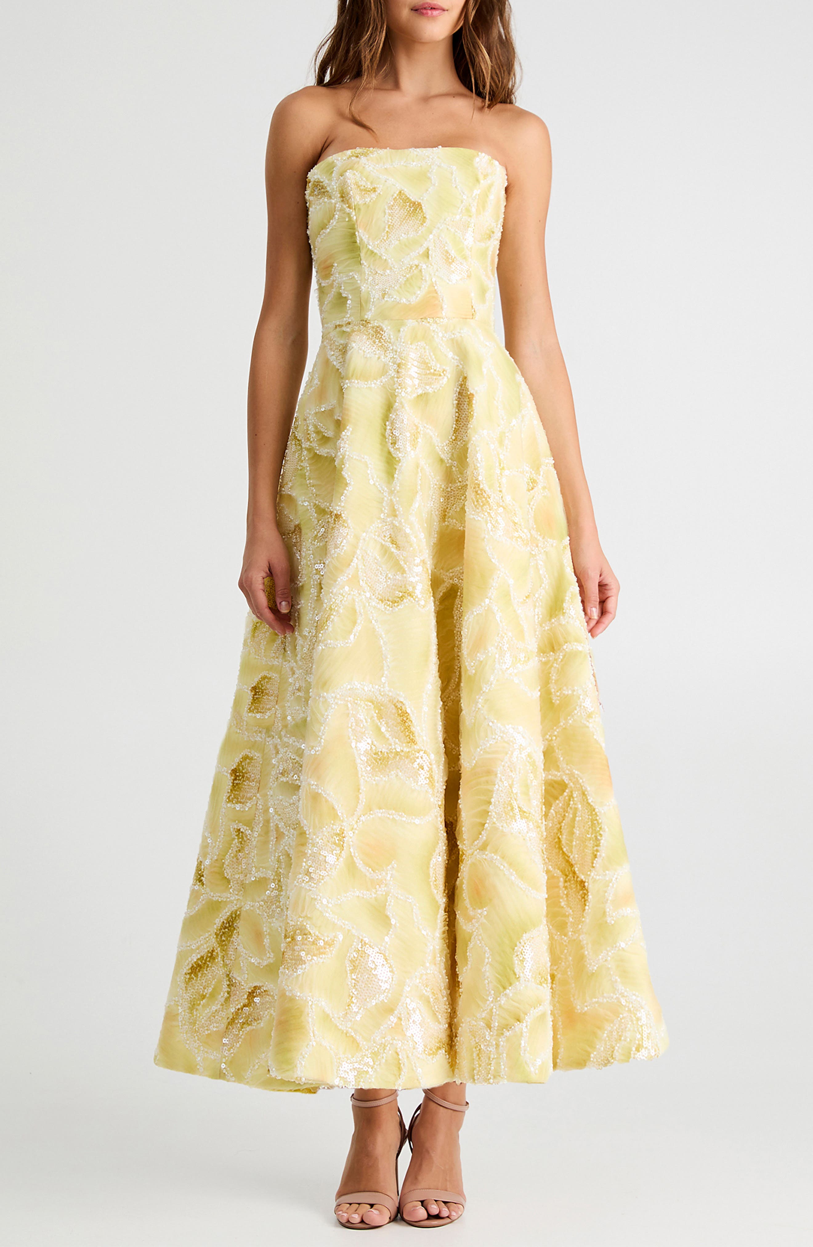 vivian beaded floral strapless maxi cocktail dress HELSI Women's Vivian Sequin Floral Strapless Gown - Yellow