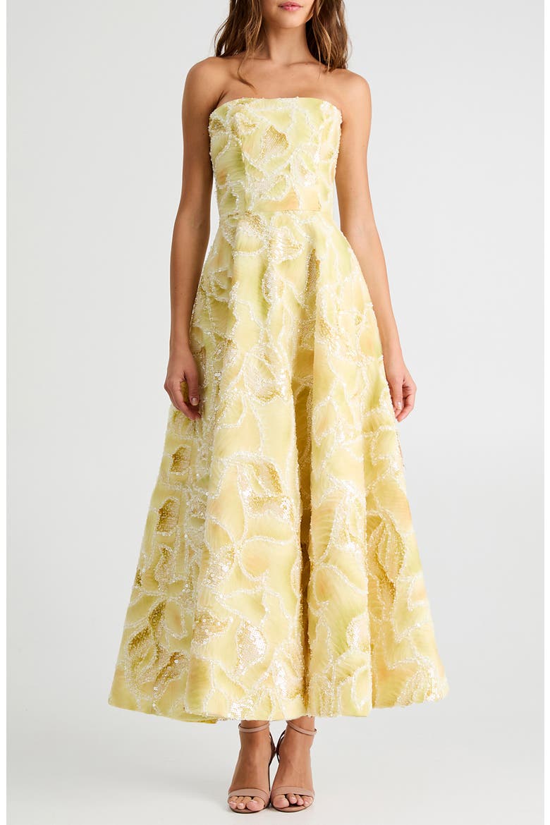 Vivian Sequin Floral Strapless Gown, Main, color, CANARY