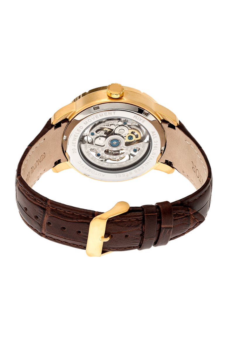 Ryder Skeleton Leather-Band Watch, Alternate, color, Brown/Gold