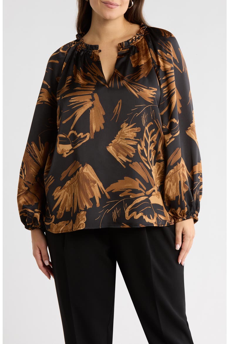 Palm Tropics Ruffle Collar Top, Main, color, BLACK-TAN