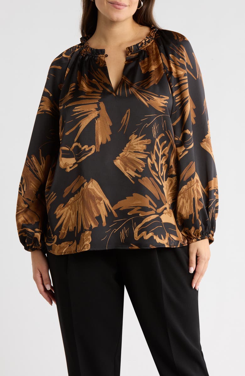 SUGARLIPS Palm Tropics Ruffle Collar Top, Main, color, Black-Tan
