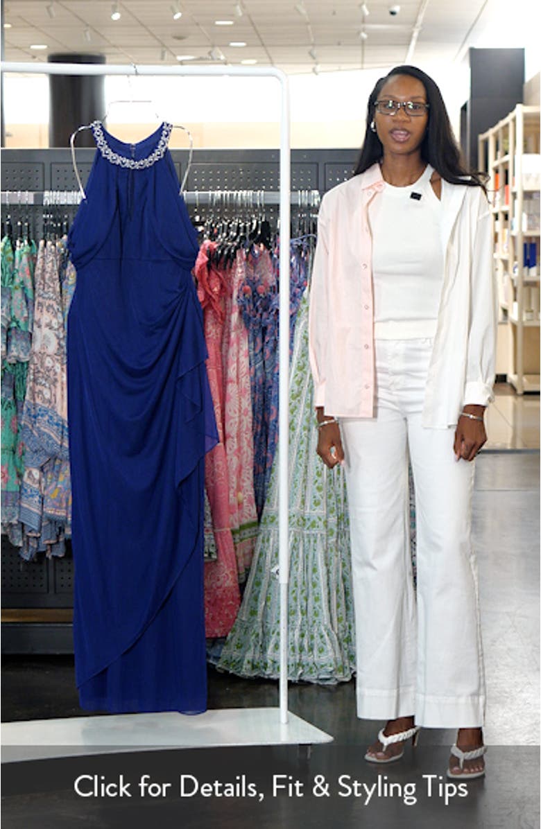 Beaded Neck Cold Shoulder Mesh Sheath Gown, sales video thumbnail