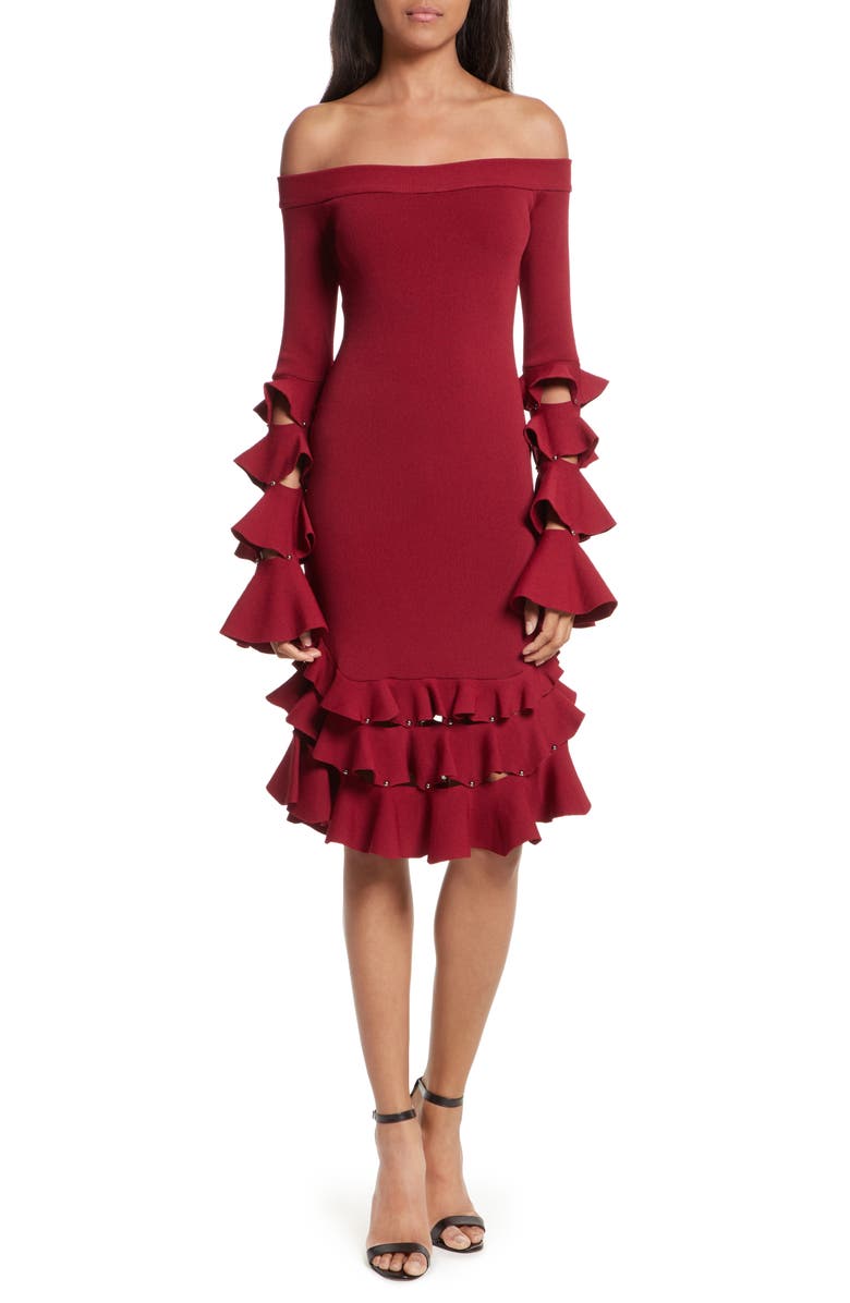 Simkhai Jonathan Simkhai Slashed Knit Ruffle Off the Shoulder Dress, Main, color, 