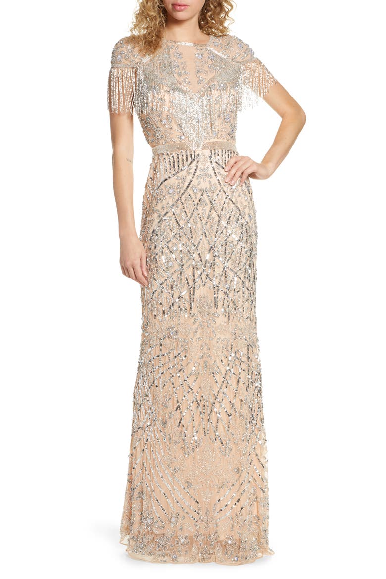 Sequin Fringe Detail Gown with Train, Main, color, PLATINUM