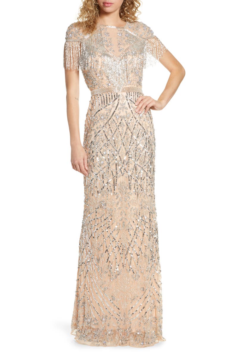 Mac Duggal Sequin Fringe Detail Gown with Train, Main, color,