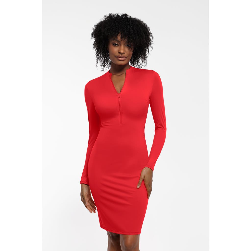 Popilush Redtag Thermal Shapewear Long Sleeve Mock Neck Midi Dress In Rust Red