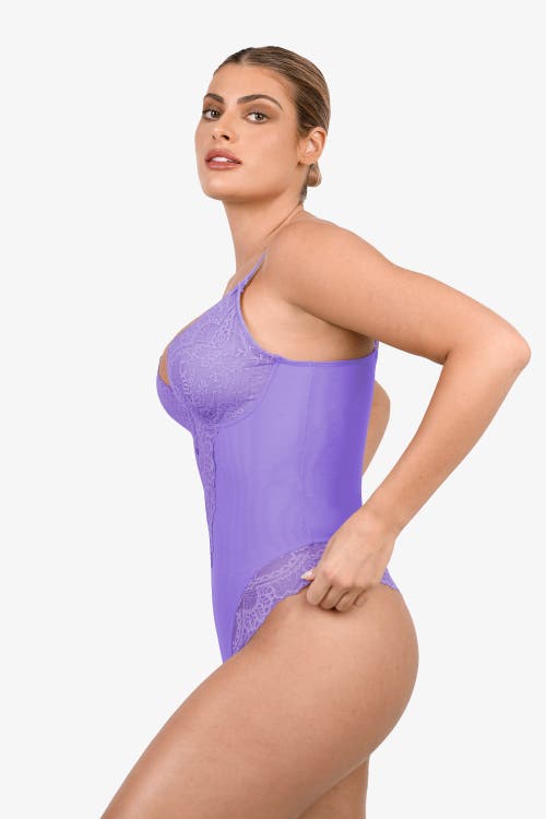 Shop Popilush Shapewear Lace Deep V-neck Sculpting Thong Bodysuit In Wisteria
