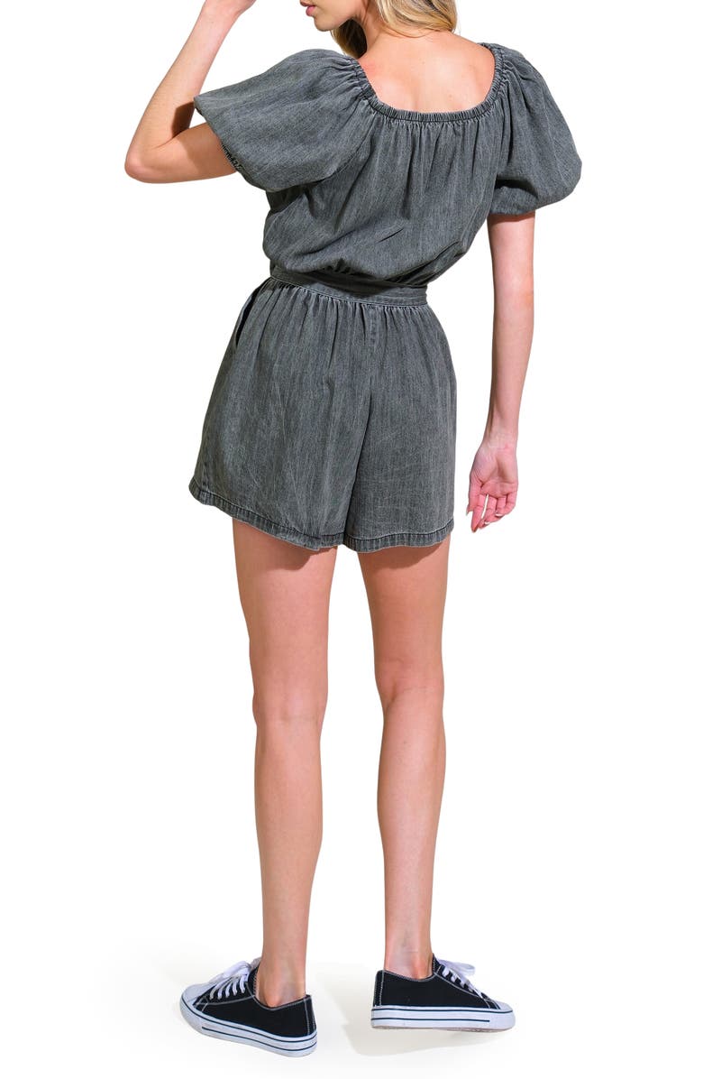 FLYING TOMATO Chambray Off the Shoulder Romper, Alternate, color, Washed Black