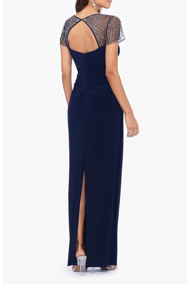 Faraj Rhinestone Sleeve Detail Column Gown, Alternate, color, NAVY/ SILVER