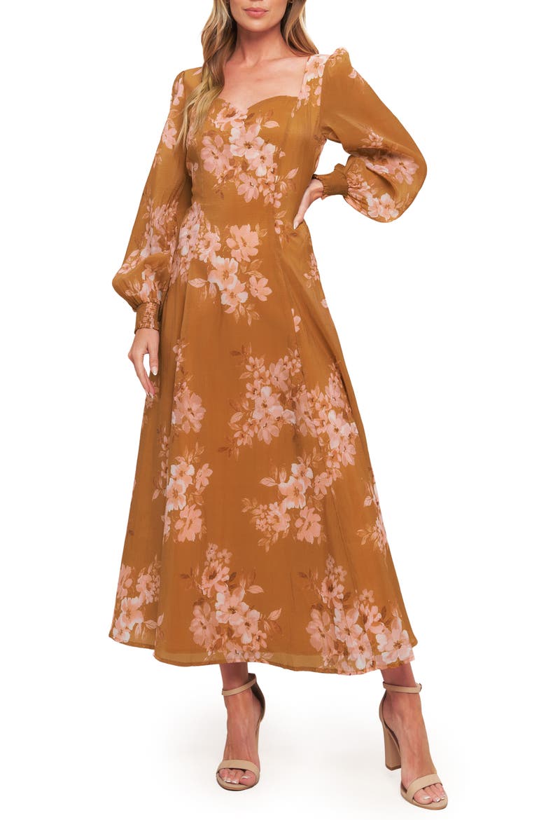 Long Sleeve Midi Dress, Main, color, BROWN
