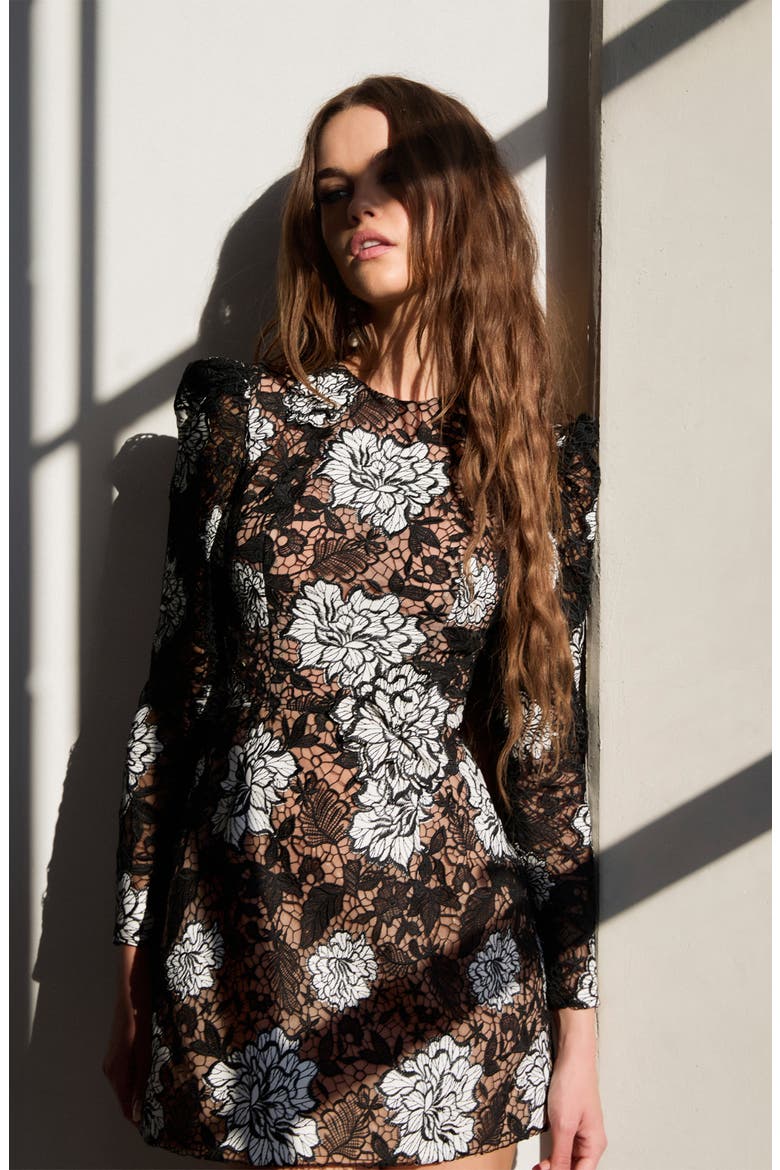 Ines Floral Stitch Long Sleeve Minidress, Alternate, color, BLACK/ WHITE