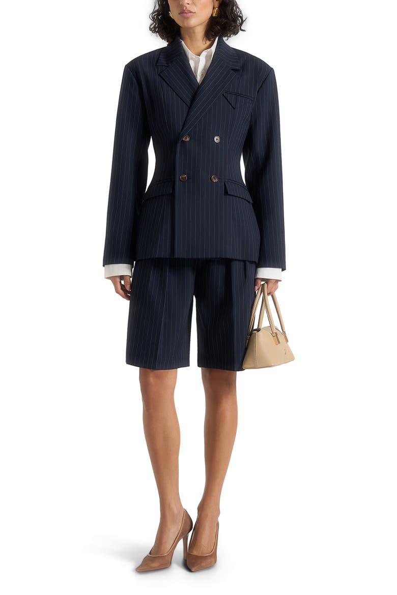 Lorette Pinstripe Double Pleat Tailored Shorts, Alternate, color, Navy Pinstripe