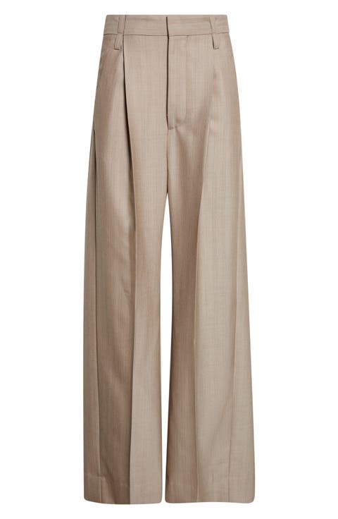 Pleated Virgin Wool Herringbone Straight Leg Pants