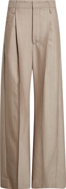 Victoria Beckham Pleated Virgin Wool Herringbone Straight Leg Pants