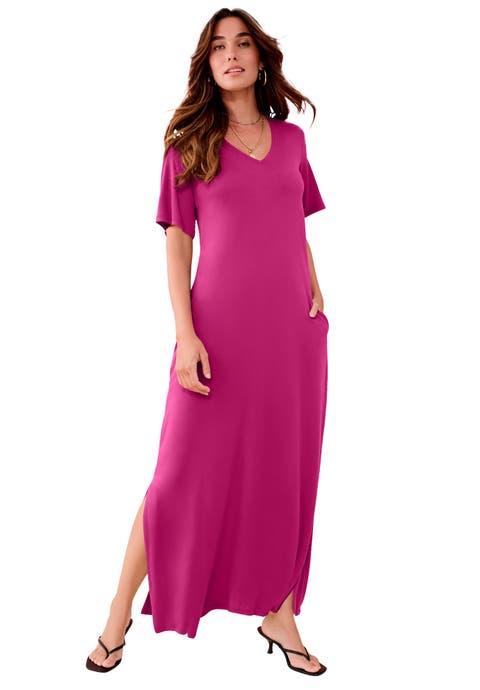 Plus Size Stretch Knit Short Sleeve Maxi Dress With Side Slit Detail